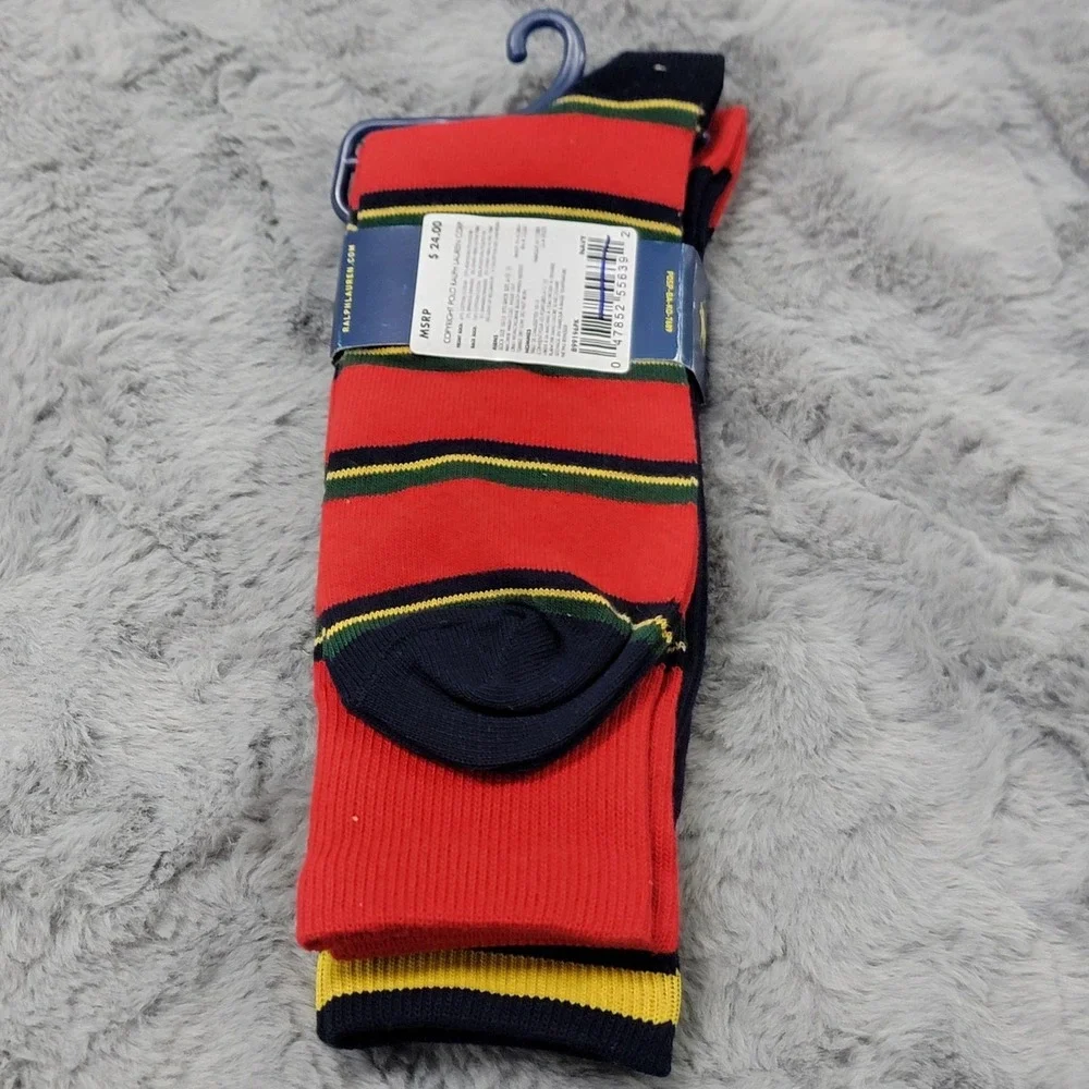 Polo Ralph Lauren Socks Mens 10-13 Navy Red Preppy Bear Stripe 2 Pack Mid Calf